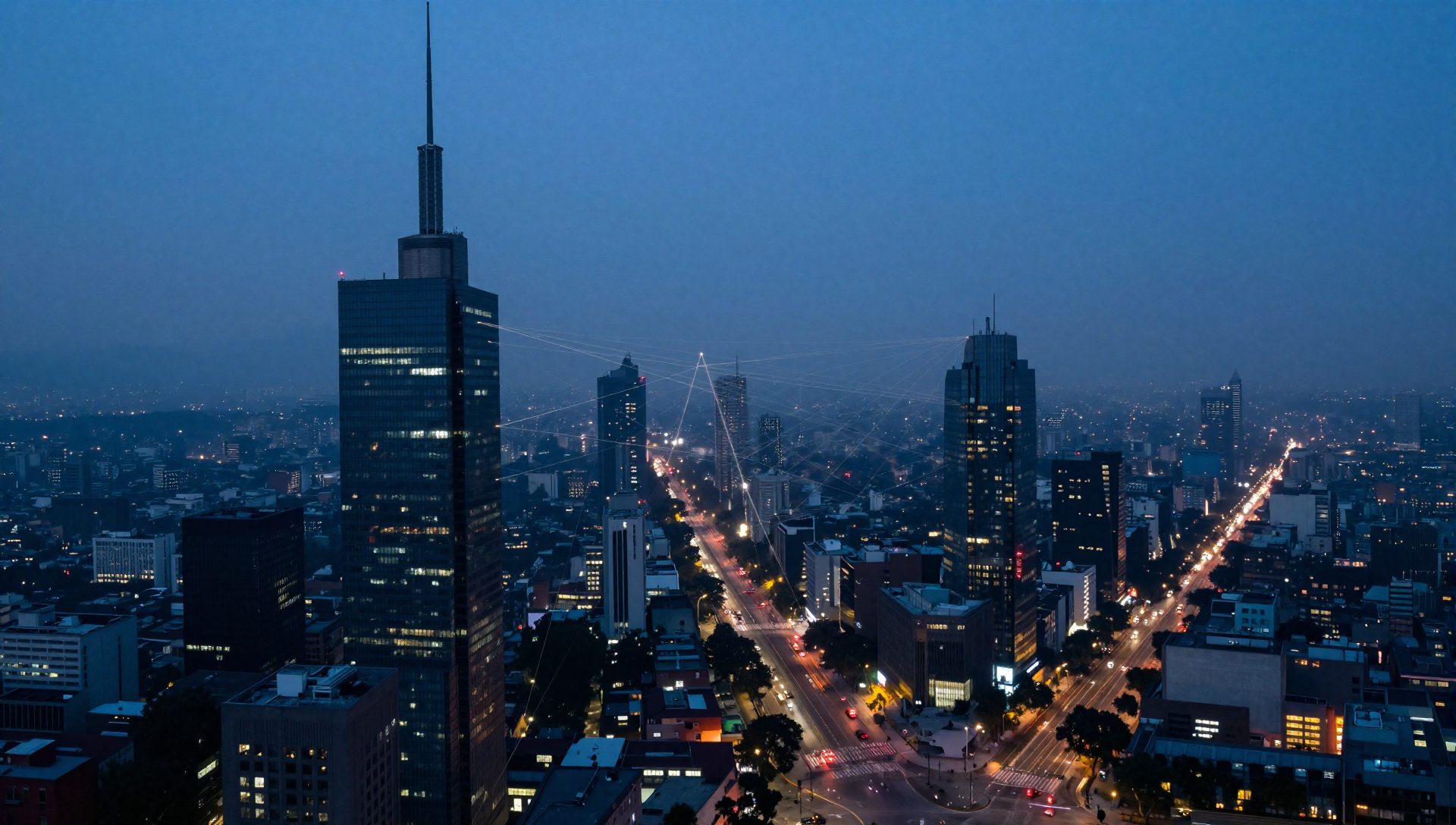 Ciudad de México al anochecer, conectada por líneas de luz