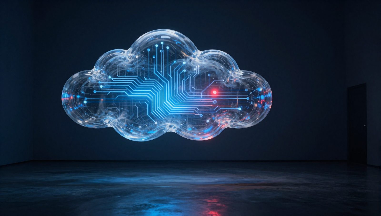 Escultura de una nube de cristal con circuitos de luz
